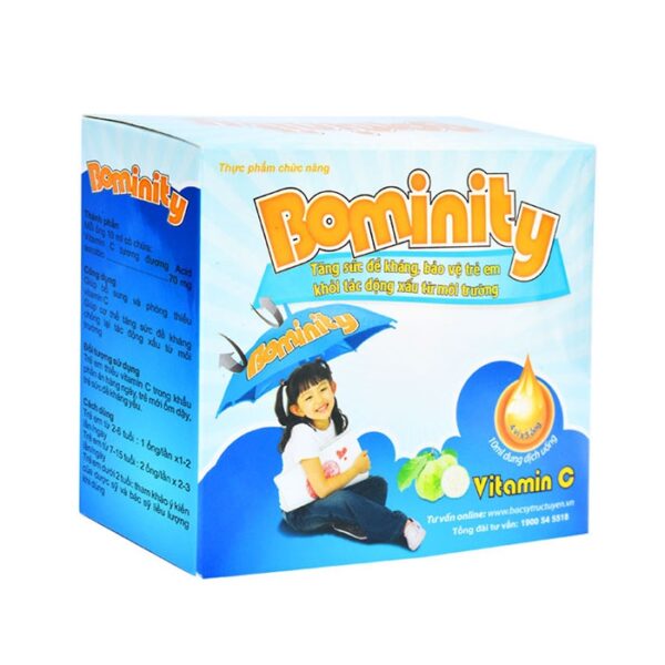 Thuốc BOMINITY 100mg/10mL có hoạt chất chính là vitamin C hay acid ascorbic do Công ty Cổ phần Dược phẩm CPC1 Hà Nội sản xuất có tác dụng điều trị bệnh do thiếu Vitamin C giúp tăng cường hệ miễn dịch. Thuốc BOMINITY dạng nước dùng được cho người lớn , người già và trẻ em